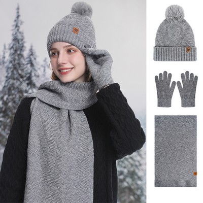 Women's Winter Knit Beanie Hat Scarf Gloves Set with Fleece Lining