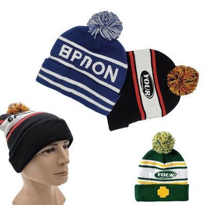 Knitted Winter Beanie Hat With Pom
