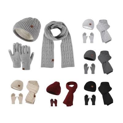 Unisex Winter Knitted Hat Scarf and Gloves Three-piece Set