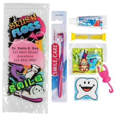 Custom Youth Grafitti Premium Zippered Bag Dental Kits with Flossers