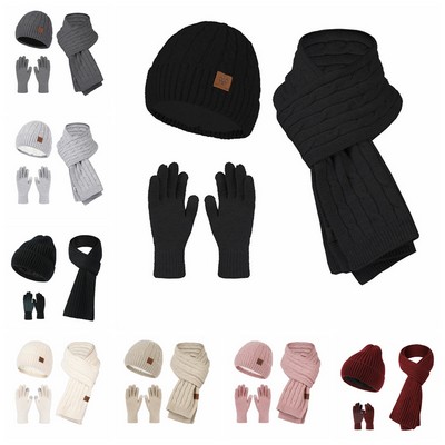 Unisex Winter Knit Hat Scarf Touch Screen Gloves Set