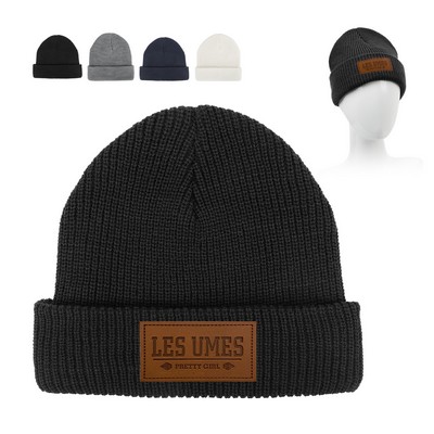Leather Patch Knit Beanie With Cuff