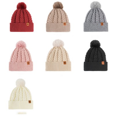 Women's Winter Fleece Lined Knitted Beanie with Pom Pom