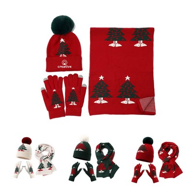 Christmas Knitted HatScarf Gloves Set For Women