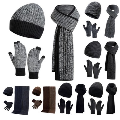 3-Pack Winter Warm Beanie Hat Scarf Touchscreen Gloves Set